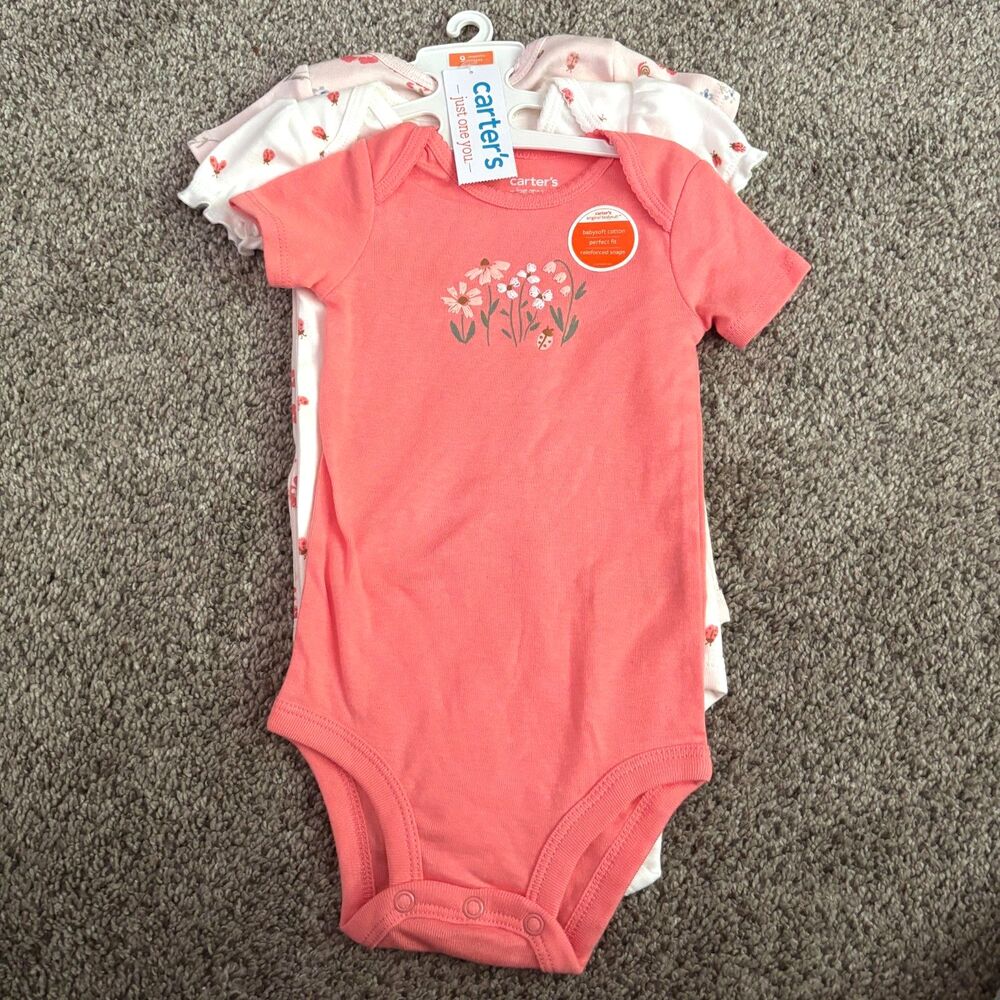 Carter's Baby Girl 3 Pack Bodysuits 9M Floral Ladybug Cotton NWT #13